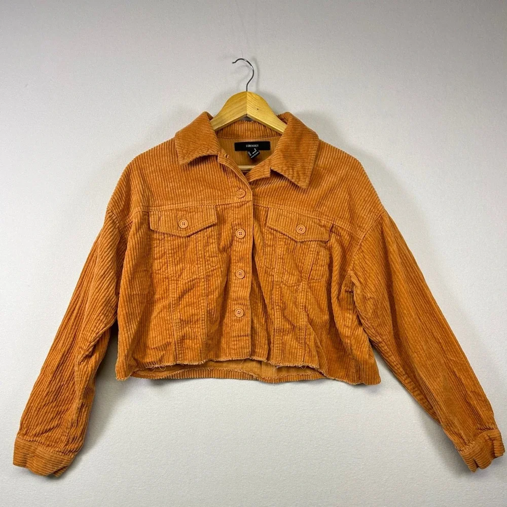 Forever 21 Corduroy Jacket Womens Medium Orange Cropped Raw Hem Button Up Boho - Picture 1 of 9